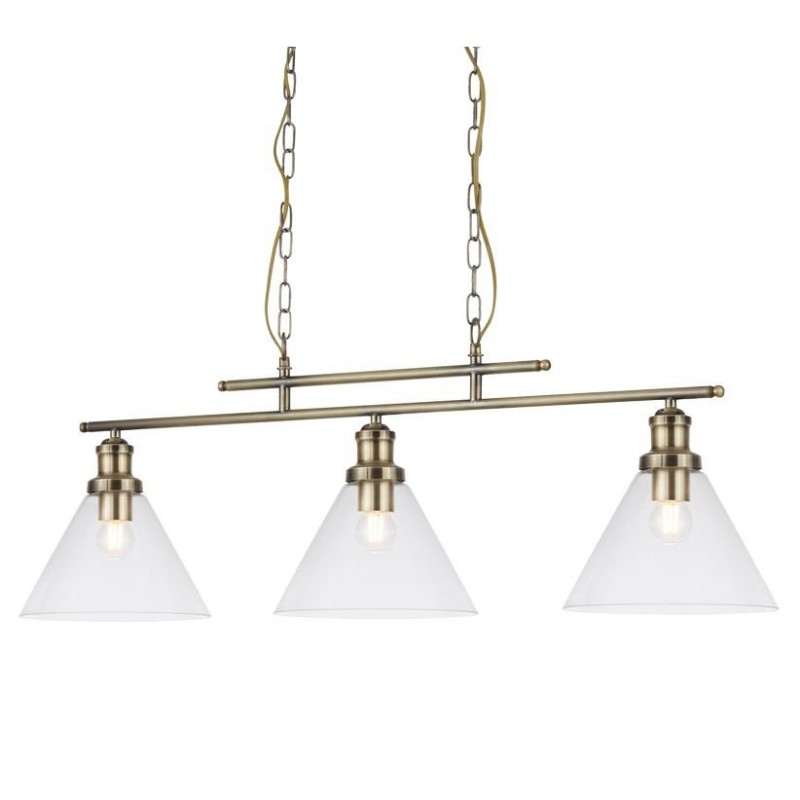 Kitchen Lights - Pyramid - Clear Glass with Antique Brass 3 Light over Island Fitting Searchlight-1277-3AB - Pyramid - Clear Glass with Antique Brass 3 Light over Island Fitting
