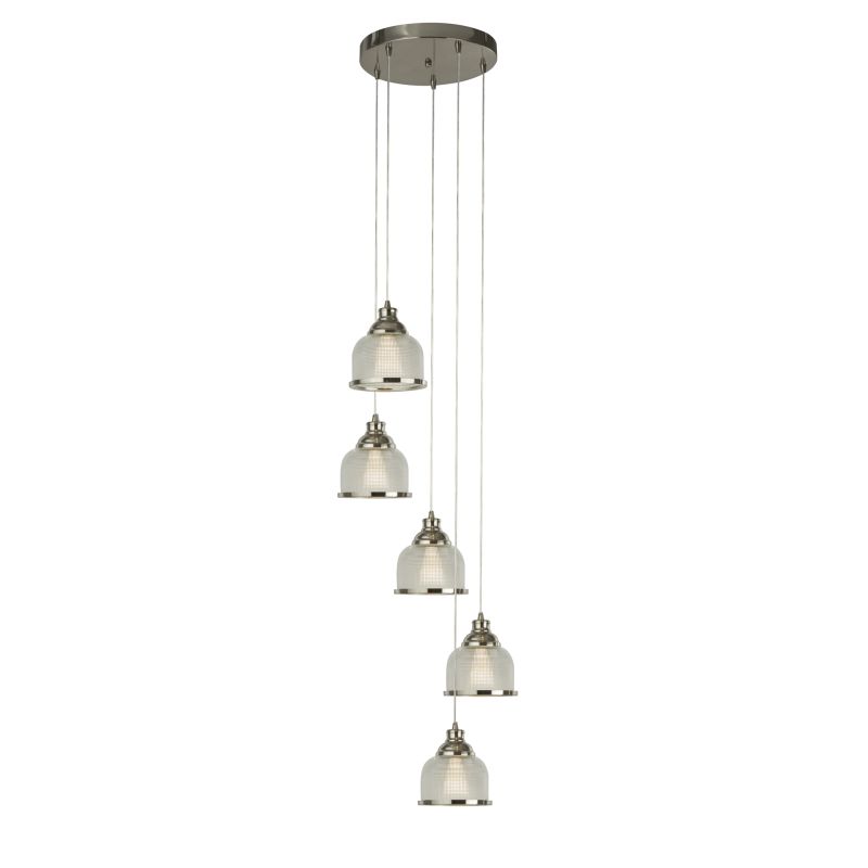 Searchlight-1585-5SS - Bistro II - Satin Silver 5 Light Cluster Pendant with Textured Clear Glasses