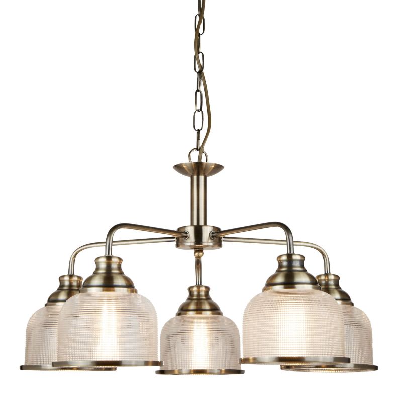 Searchlight-1685-5AB - Bistro II - Textured Clear Glass & Antique Brass 5 Light Centre Fitting