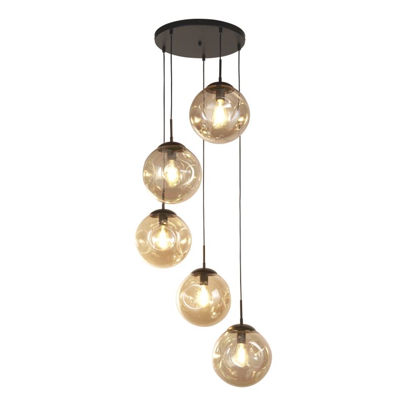 Searchlight-22123-5BK - Punch - Black 5 Light Cluster Pendant with Amber Dimpled Glasses