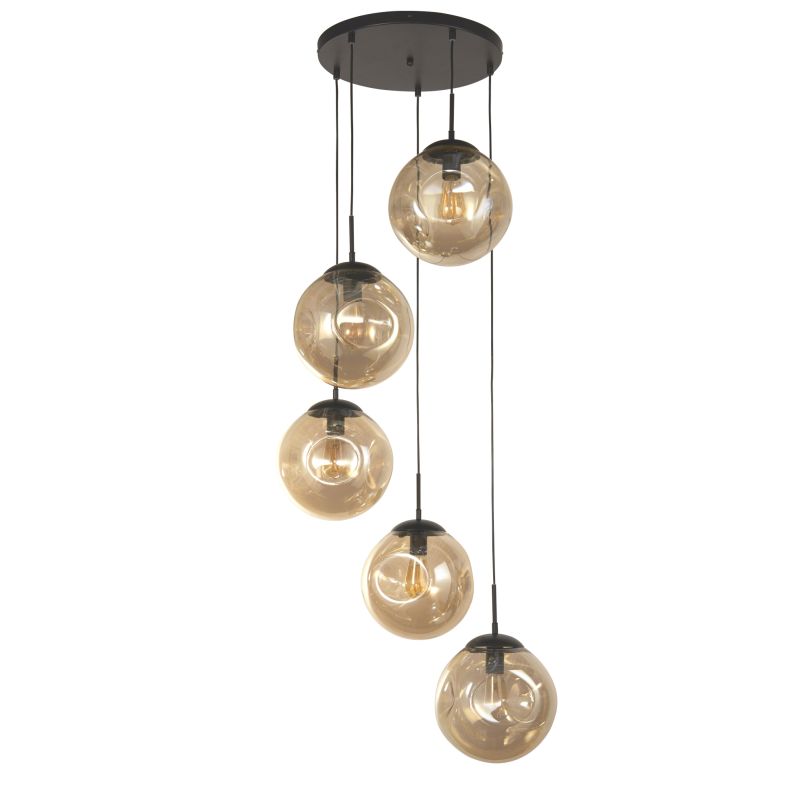 Searchlight-22123-5BK - Punch - Black 5 Light Cluster Pendant with Amber Dimpled Glasses