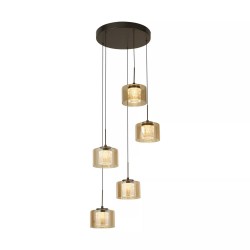 Tumblers - Bronze 5 Light LED Cluster Pendant with Amber & Crystal Glass