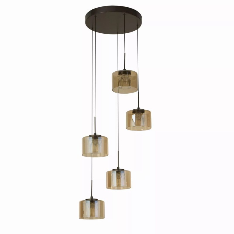 Searchlight-22321-5BZ - Tumblers - Bronze 5 Light LED Cluster Pendant with Amber & Crystal Glass
