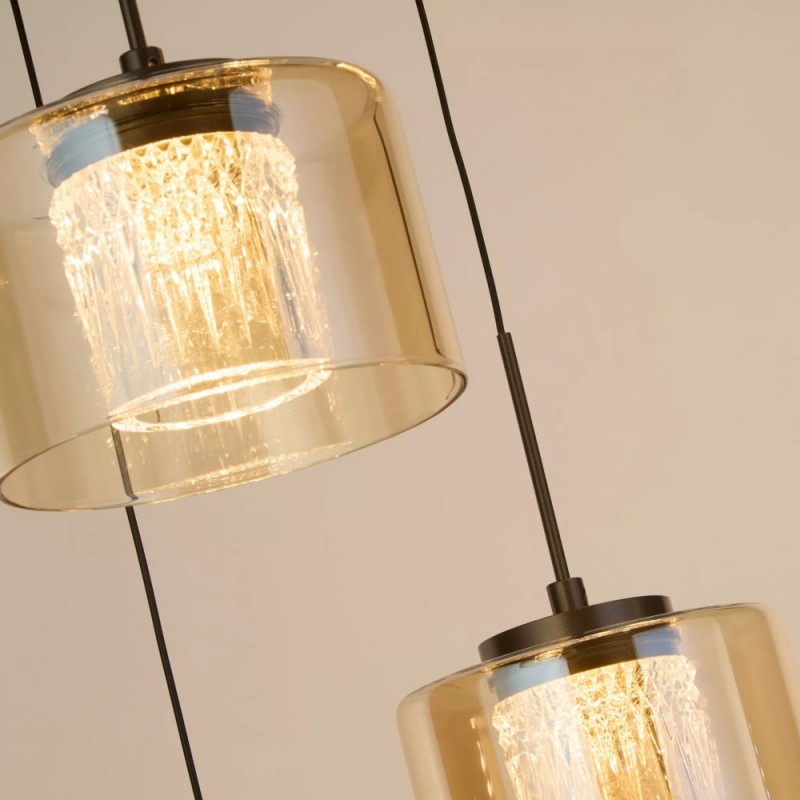 Searchlight-22321-5BZ - Tumblers - Bronze 5 Light LED Cluster Pendant with Amber & Crystal Glass