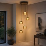 Tumblers - Bronze 5 Light LED Cluster Pendant with Amber & Crystal Glass