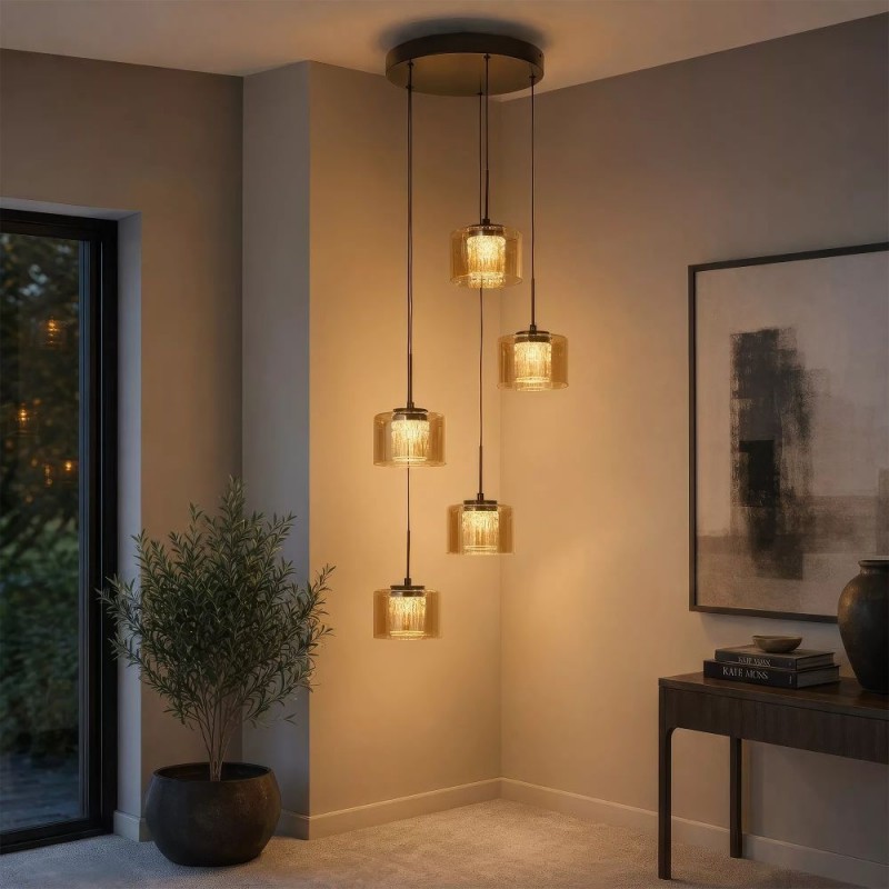 Searchlight-22321-5BZ - Tumblers - Bronze 5 Light LED Cluster Pendant with Amber & Crystal Glass
