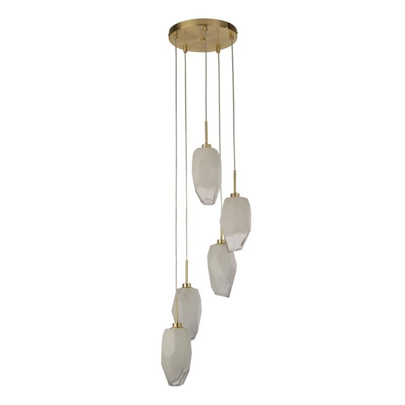 Searchlight-23146-5SB - Rocky - Satin Brass 5 Light Cluster Pendant with White, Brushed Painted Glass