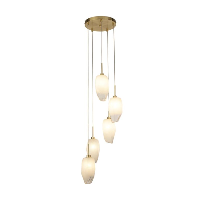 Searchlight-23146-5SB - Rocky - Satin Brass 5 Light Cluster Pendant with White, Brushed Painted Glass