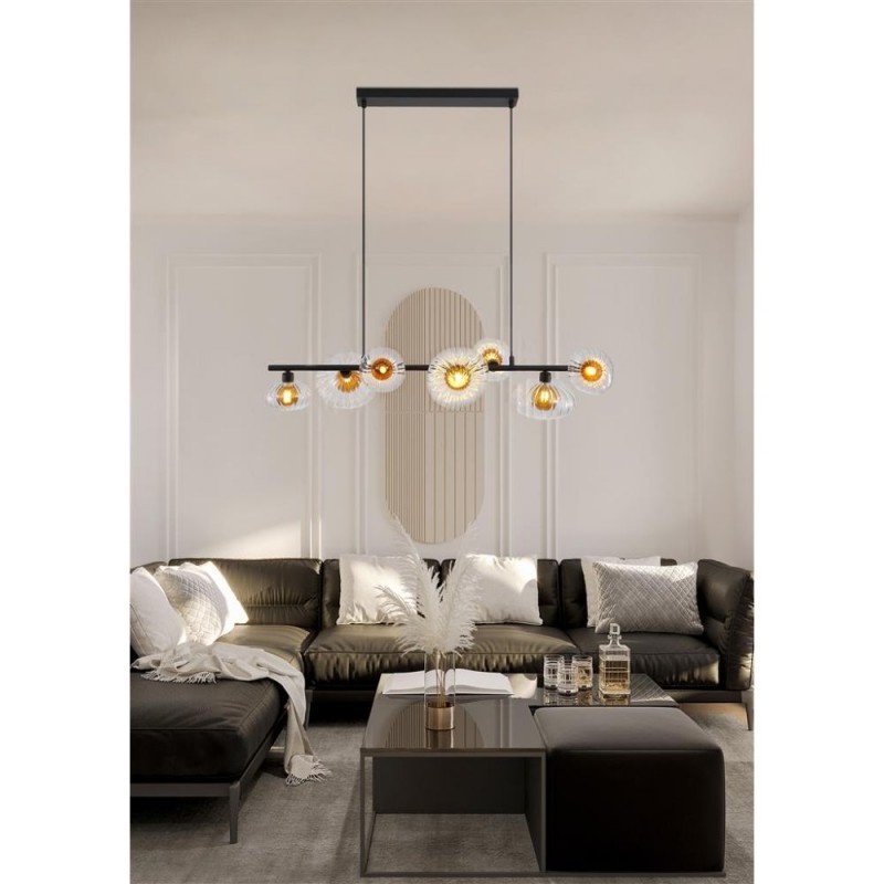 Searchlight-24123-7BK - Sunbeam - Black 7 Light over Island Fitting with Clear & Amber Ribbed Glass