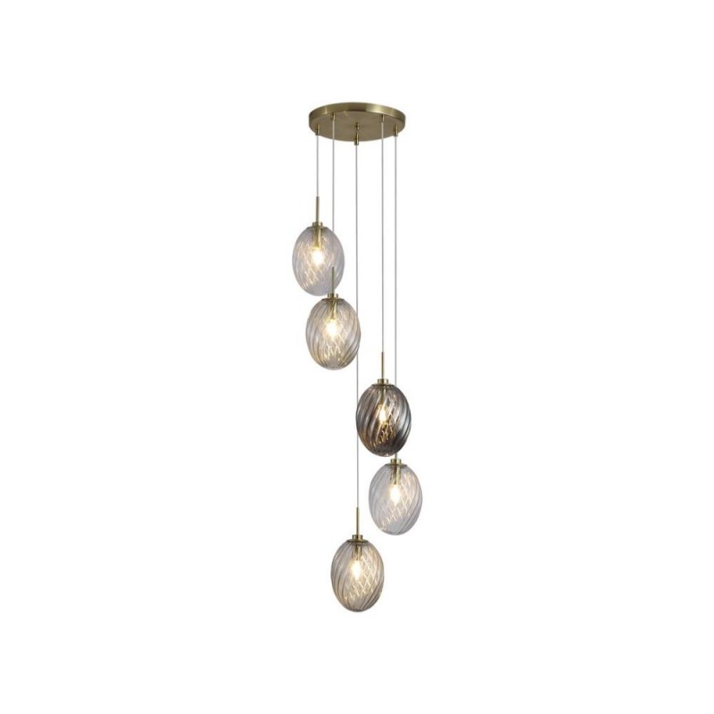 Searchlight-24142-5SB - Whirl - Satin Brass 5 Light Cluster Pendant with Multicoloured Swirled Glass