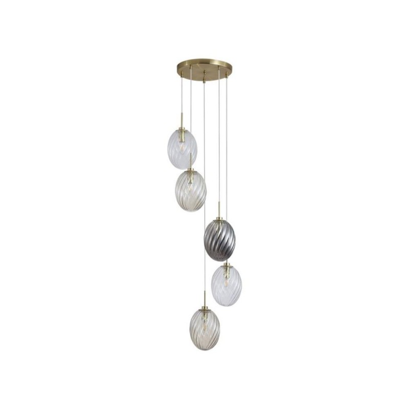 Searchlight-24142-5SB - Whirl - Satin Brass 5 Light Cluster Pendant with Multicoloured Swirled Glass