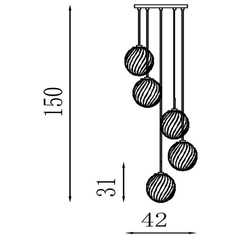 Searchlight-24142-5SB - Whirl - Satin Brass 5 Light Cluster Pendant with Multicoloured Swirled Glass