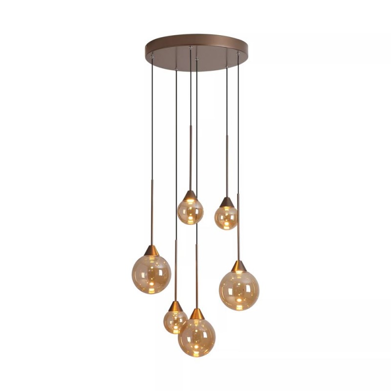 Searchlight-26303-6BZ - Opus Lux - Bronze 6 Light CCT Cluster Pendant with Amber Glass