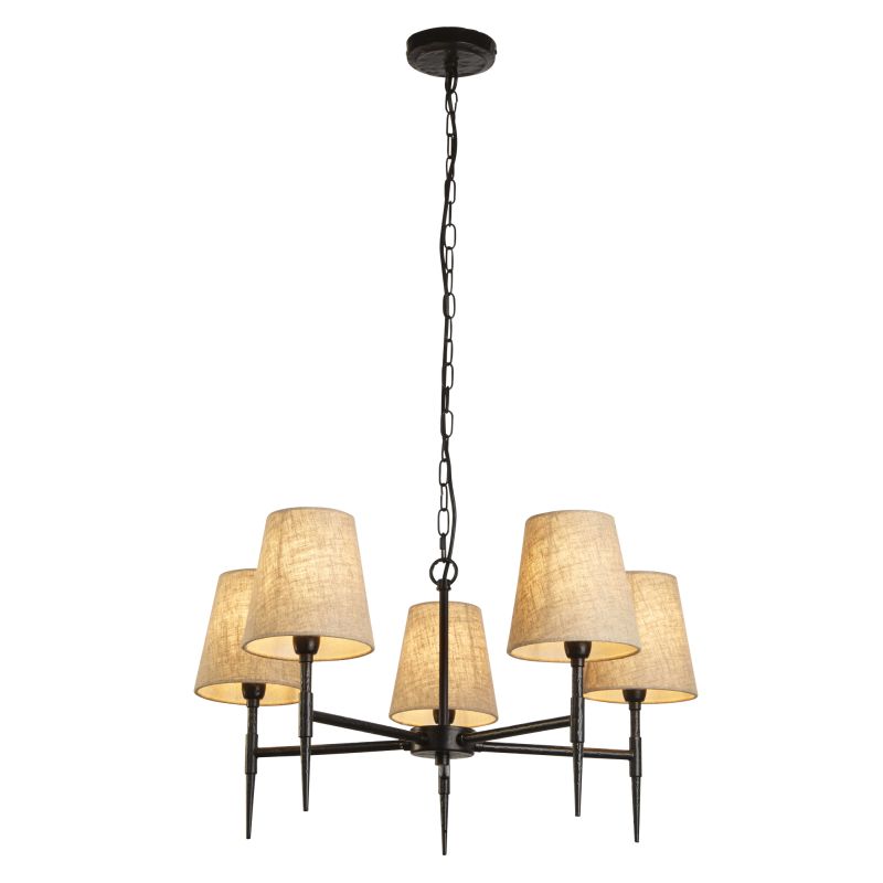 Searchlight-30690-5BK - Gothic - Hammered Black 5 Light Centre Fitting with Natural Linen Shades