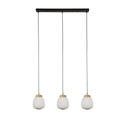 Ella - Wooden & Black 3 Light over Island Fitting with White Ribbed Glass