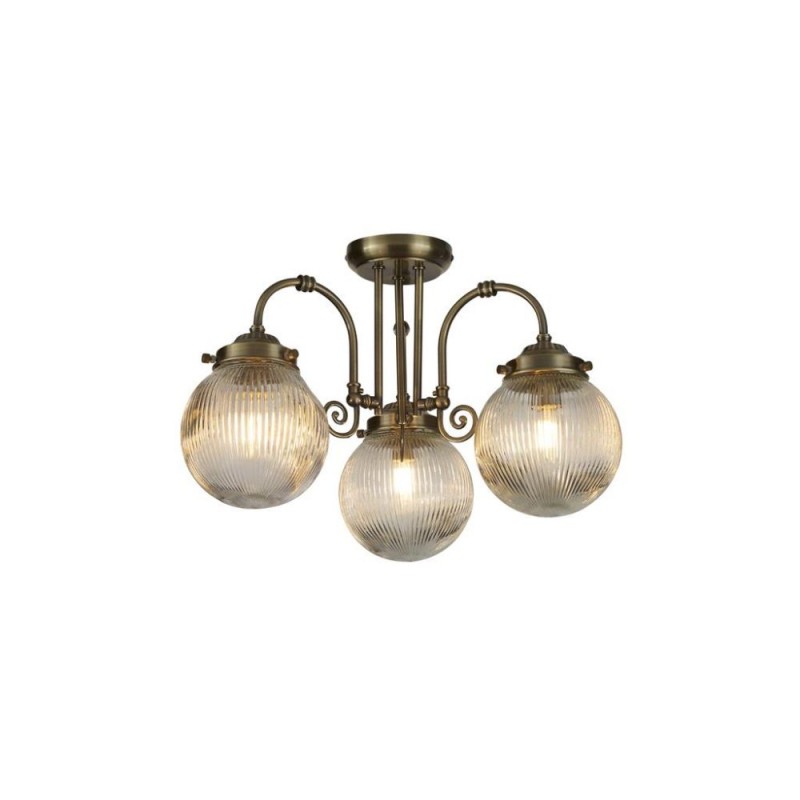 Searchlight-32593-3AB - Belvue - Antique Brass 3 Light Semi Flush with Clear Ribbed Glass