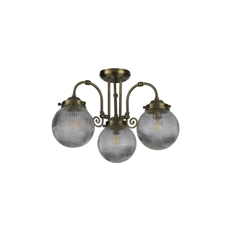 Searchlight-32593-3AB - Belvue - Antique Brass 3 Light Semi Flush with Clear Ribbed Glass