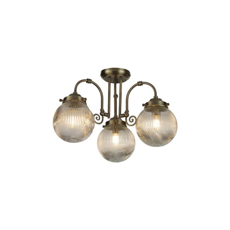 Searchlight-32593-3AB - Belvue - Antique Brass 3 Light Semi Flush with Clear Ribbed Glass