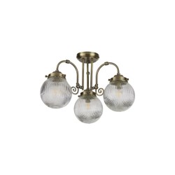 Belvue - Antique Brass 3 Light Semi Flush with Clear Ribbed Glass