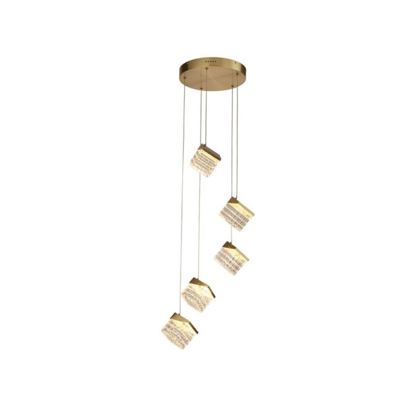 Searchlight-33640-5SB - Cuboid - Satin Brass 5 Light LED Cluster Pendant with Clear Cubes