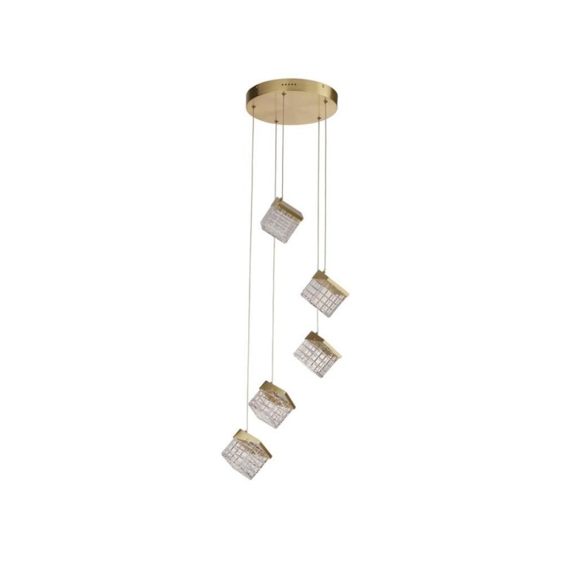 Searchlight-33640-5SB - Cuboid - Satin Brass 5 Light LED Cluster Pendant with Clear Cubes