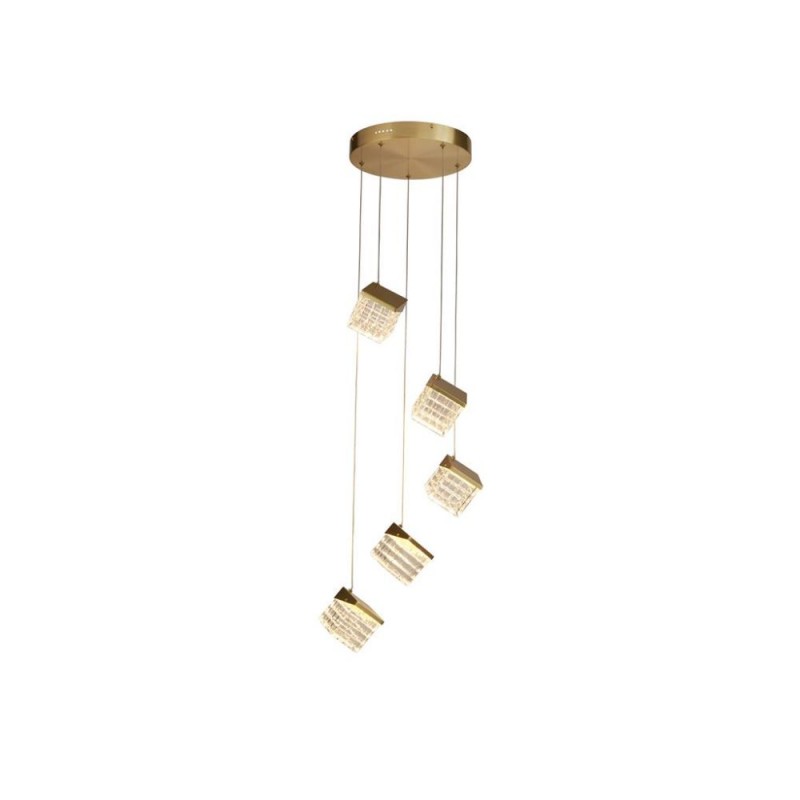 Searchlight-33640-5SB - Cuboid - Satin Brass 5 Light LED Cluster Pendant with Clear Cubes