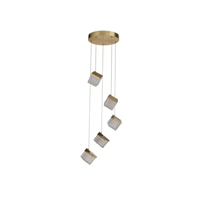 Searchlight-33640-5SB - Cuboid - Satin Brass 5 Light LED Cluster Pendant with Clear Cubes