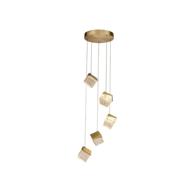 Searchlight-33640-5SB - Cuboid - Satin Brass 5 Light LED Cluster Pendant with Clear Cubes
