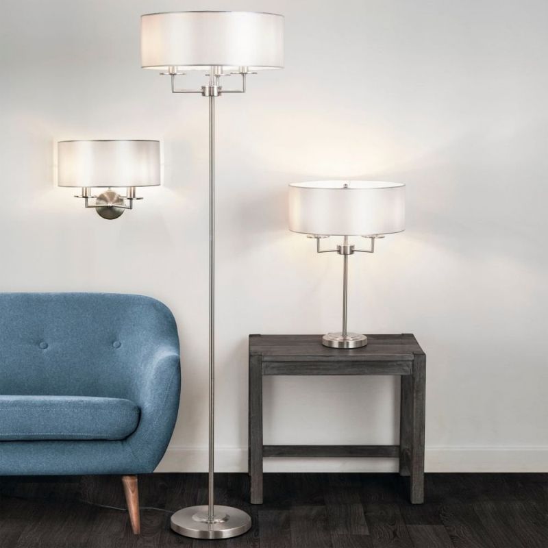 Table & Floor Lamp - Knightsbridge - Silver Silk Shade & Satin Silver 3 Light Floor Lamp Searchlight-4789SS - Knightsbridge - Silver Silk Shade & Satin Silver 3 Light Floor Lamp