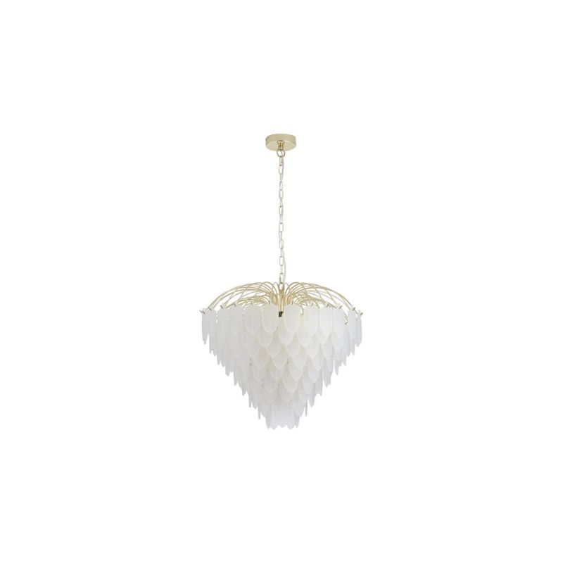 Searchlight-48970-10SB - Feather - Satin Brass 10 Light Pendant with Frosted Feather Glass