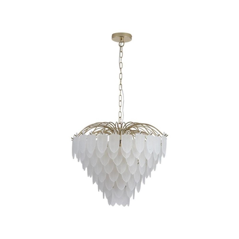 Searchlight-48970-6SB - Feather - Satin Brass 6 Light Pendant with Frosted Feather Glass
