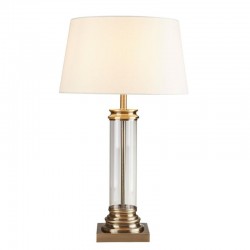 Pedestal - Clear Glass & Antique Brass with Cream Shade Table Lamp Pedestal - Clear Glass & Antique Brass with Cream Shade Table Lamp