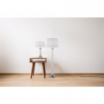 Pedestal - Clear Glass & Satin Silver with White Shade Floor Lamp Pedestal - Clear Glass & Satin Silver with White Shade Floor Lamp