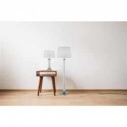 Pedestal - Clear Glass & Satin Silver with White Shade Floor Lamp Pedestal - Clear Glass & Satin Silver with White Shade Floor Lamp