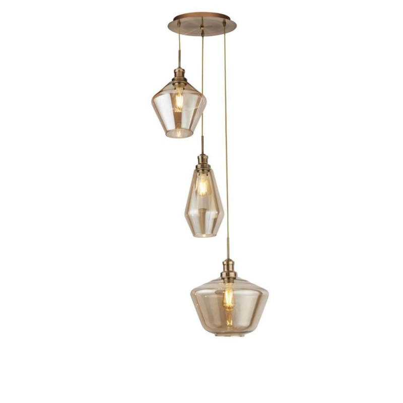 Searchlight-5423-3AB - Mia - Antique Brass 3 Light Cluster Pendant with Amber Glass