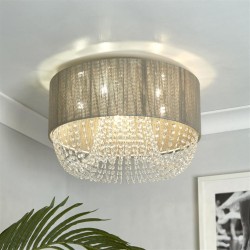 Bellano - Chrome 5 Light Flush with Grey Fabric Shade & Crystal