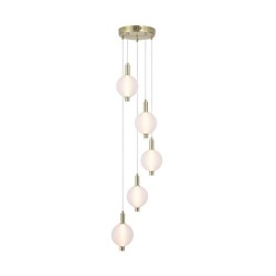 Luminique - Satin Brass 5 Light LED Cluster Pendant with White Ribbed Glass