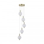 Luminique - Satin Brass 5 Light LED Cluster Pendant with White Ribbed Glass