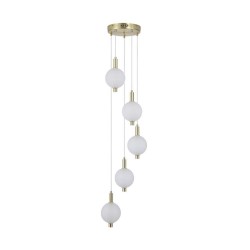 Luminique - Satin Brass 5 Light LED Cluster Pendant with White Ribbed Glass