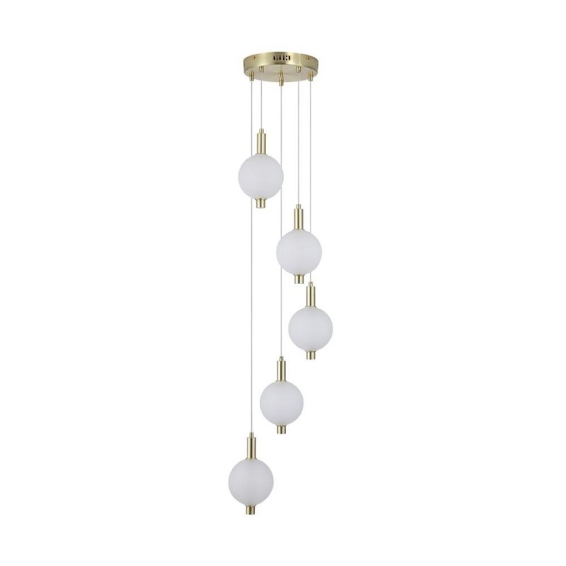 Searchlight-69410-5SB - Luminique - Satin Brass 5 Light LED Cluster Pendant with White Ribbed Glass