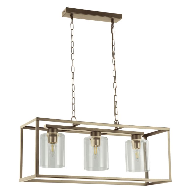 Prism-33415 - Cage - Antique Brass 3 Light over Island Fitting with Clear Glasses
