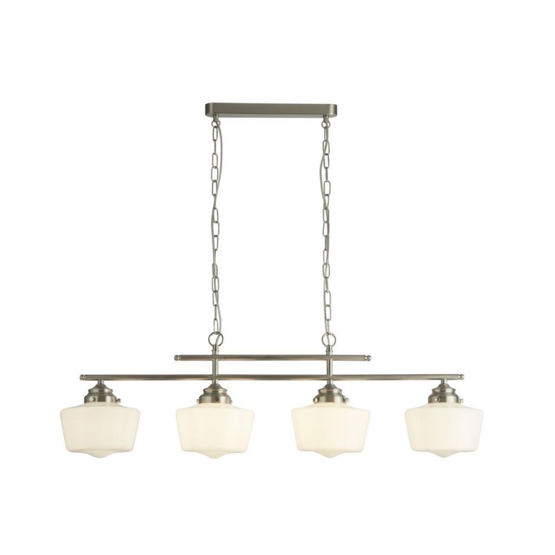Searchlight-8084-4SS - School House - Satin Silver 4 Light over Island Fitting with White Opal Glasses