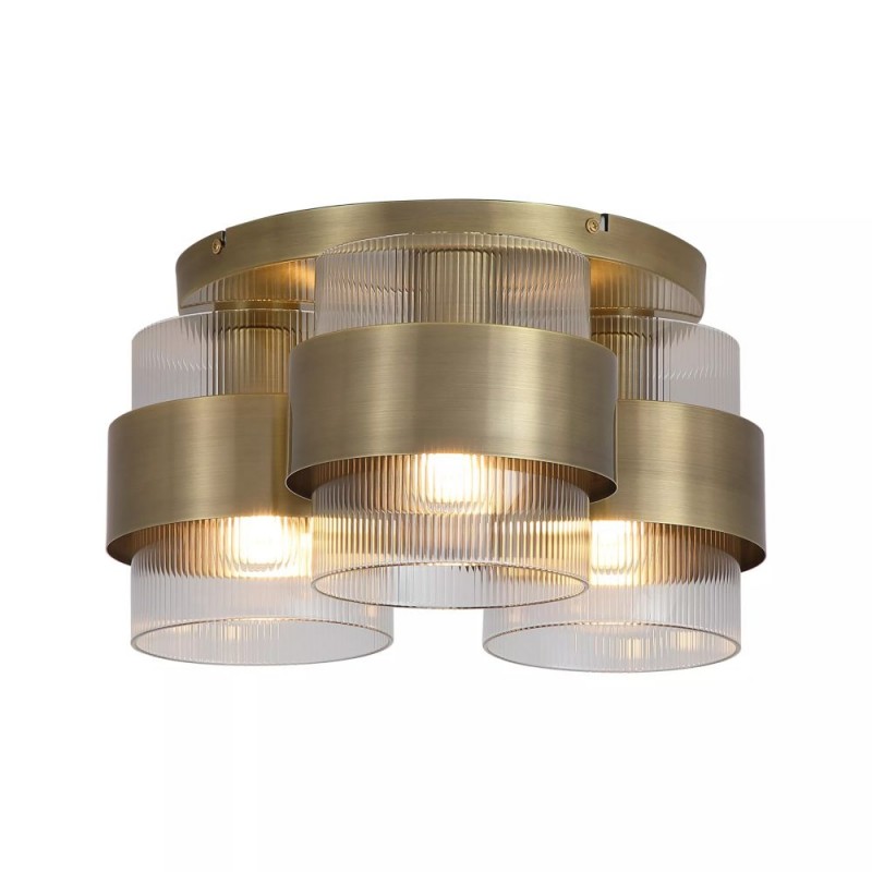 Searchlight-82345-3AB - Royal - Antique Brass 3 Light Semi Flush with Clear Ribbed Glass