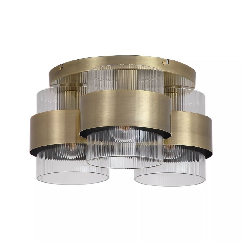 Searchlight-82345-3AB - Royal - Antique Brass 3 Light Semi Flush with Clear Ribbed Glass