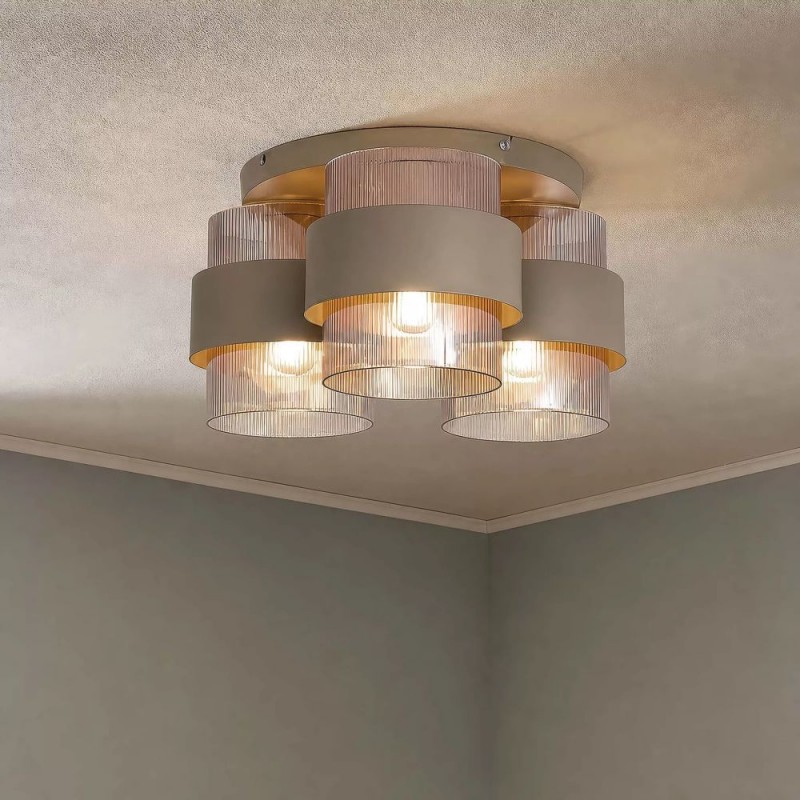 Searchlight-82345-3SA - Royal - Sand 3 Light Semi Flush with Amber Ribbed Glass