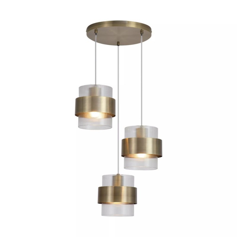 Searchlight-82433-3AB - Royal - Antique Brass 3 Light Cluster Pendant with Clear Ribbed Glass