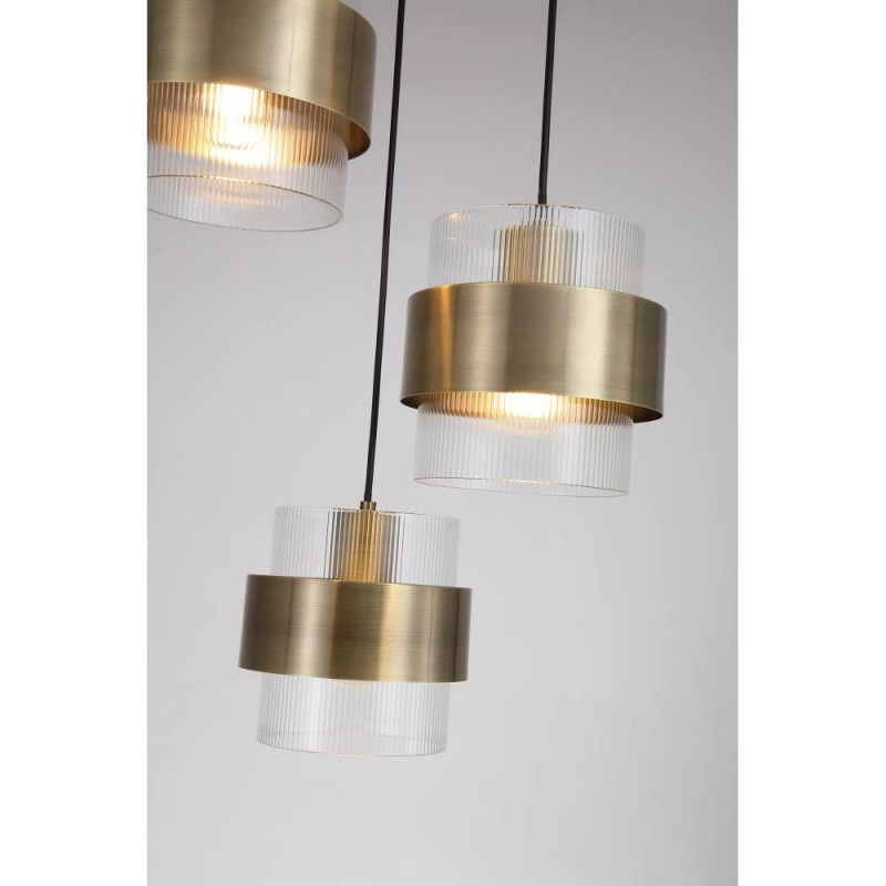 Searchlight-82433-3AB - Royal - Antique Brass 3 Light Cluster Pendant with Clear Ribbed Glass