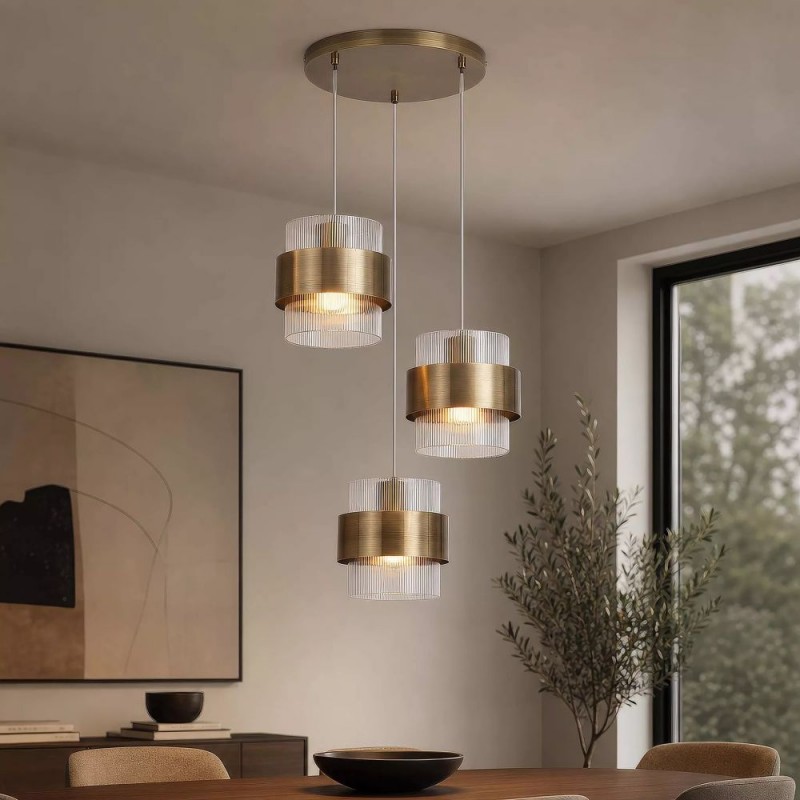 Searchlight-82433-3AB - Royal - Antique Brass 3 Light Cluster Pendant with Clear Ribbed Glass