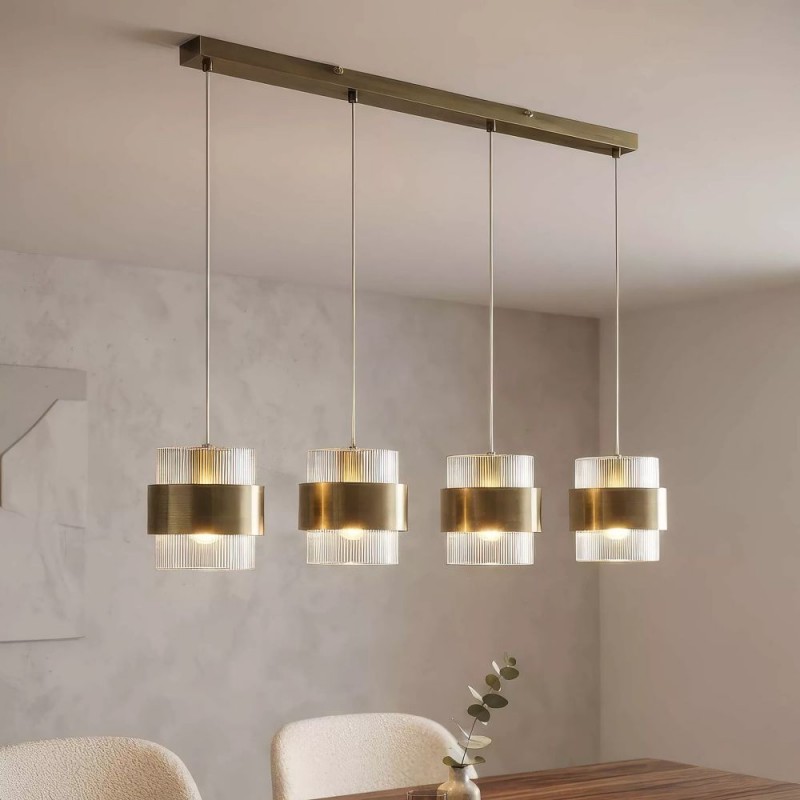 Searchlight-82434-4AB - Royal - Antique Brass 4 Light over island Fitting with Clear Ribbed Glass