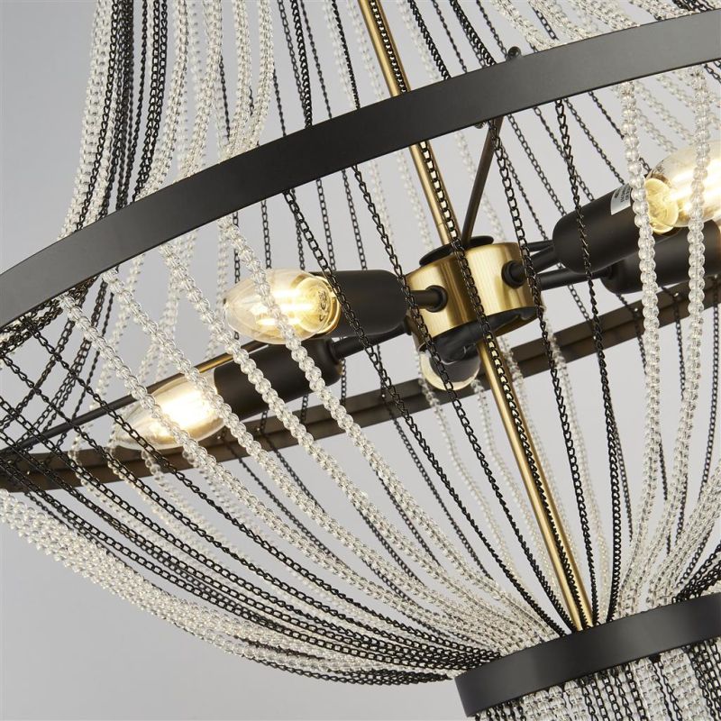 Searchlight-86353-5BK - Baguette - Satin Gold & Black with Chains 5 Light Chandelier